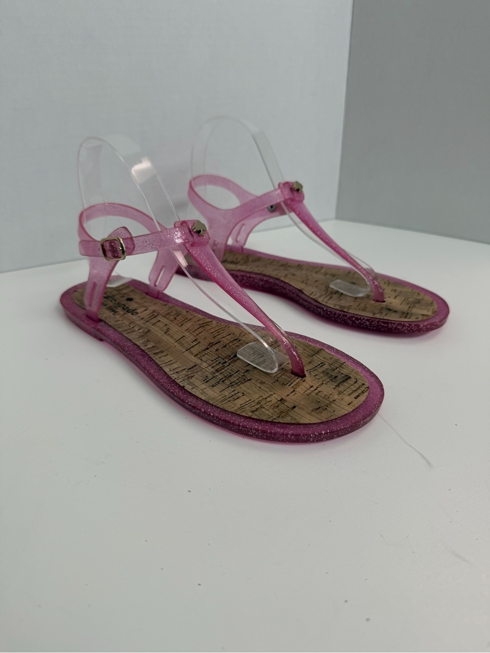 Kate Spade Yari Sandals Jelly Jellies Thong Flip Flop Cork Heart Glitter Pink